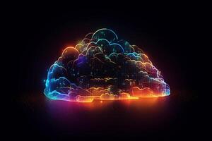 3d rendering of blue and pink cloud with neon lights on dark background photo