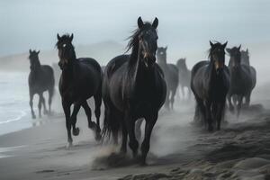 caballos en el playa en el niebla a amanecer. generativo ai foto