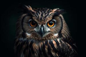 Portrait of a beautiful owl on a dark background. Toned. photo