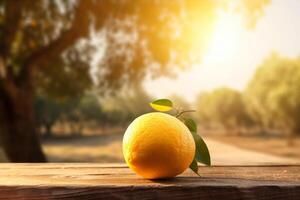 Lemons on a wooden table in the garden. Selective focus. photo