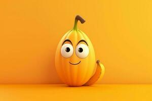 Funny pumpkin with banana character cartoon on orange background. 3d illustration. photo