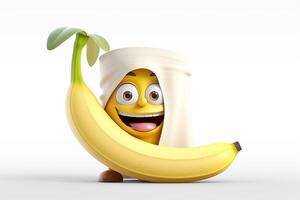 Funny banana character with big eyes on isolated background. 3d illustration photo