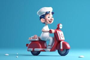 3d ilustración de un dibujos animados entrega chico montando un scooter en azul antecedentes generativo ai foto