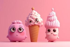 Ice cream groups in waffle cones. characters 3d illustration. photo