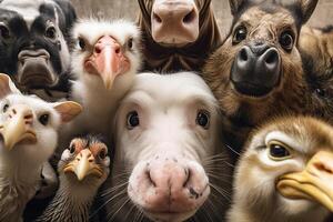 group of farm animals on a wooden background, top view, close-up generative ai photo