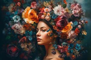 retrato de un hermosa joven mujer en un vistoso floral antecedentes. generativo ai foto