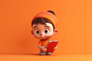 3D Render of a Little Boy Reading a Book in isolated background photo