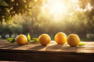 Lemons on a wooden table in the garden. Selective focus. photo