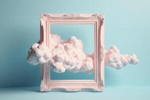 Clouds and frame on blue background. 3D rendering. Vintage style. photo