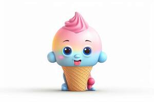 3d illustration of colorful ice cream character in waffle cone with funny faces photo