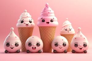 Ice cream groups in waffle cones. characters 3d illustration. photo