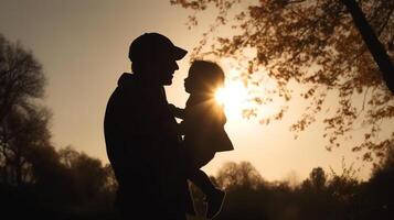 silueta de familia a puesta de sol. concepto de contento padre día, generativo ai foto