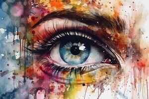 Close up of beautiful woman's eye with colorful paint splashes. photo