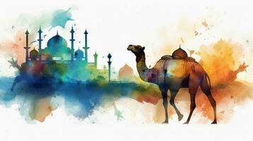 Eid al adha Illustration of a camel on watercolor background with mosque in the background photo