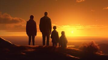 silueta de familia a puesta de sol. concepto de contento padre día, generativo ai foto