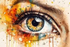 Beautiful woman's eye with watercolor splashes on white background. photo