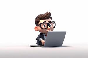 3D Render of a cute young boy character cartoon with backpack using a laptop computer photo