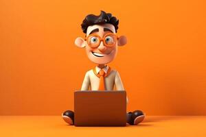 3D illustration of a cartoon character with a laptop on orange background photo