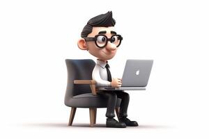 3D Render of a cute young boy character cartoon with backpack using a laptop computer photo