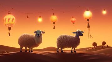 Eid al adha Ramadan background with arabic lanterns with mosque and sheep. photo