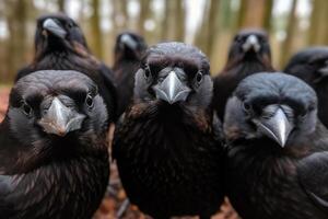 cerca arriba de un grupo de negro cuervo autofoto generativo ai foto