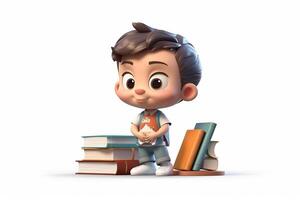 3D Render of a Little Boy Reading a Book in isolated background photo