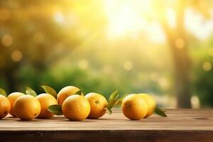 Lemons on a wooden table in the garden. Selective focus. photo