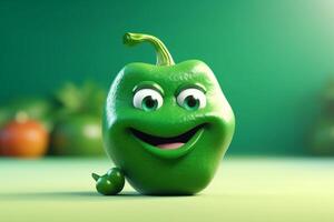 Green pepper character cartoon on green background. 3d illustration, photo