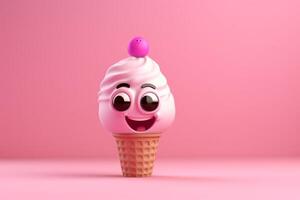 Funny pink ice cream character on pink background. 3D Rendering photo