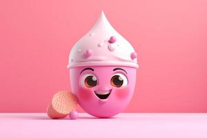 Funny pink ice cream character on pink background. 3D Rendering photo