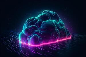 3d rendering of blue and pink cloud with neon lights on dark background photo