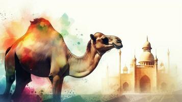 Eid al adha Illustration of a camel on watercolor background with mosque in the background photo