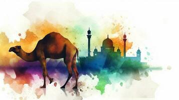 Eid al adha Illustration of a camel on watercolor background with mosque in the background photo