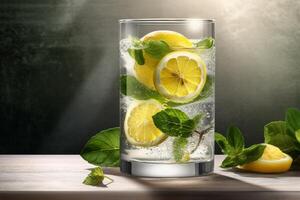 Mojito cocktail with lemon, mint and ice on light background generative ai photo