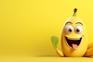 gracioso plátano personaje con grande ojos en aislado antecedentes. 3d ilustración generativo ai foto