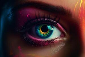 Close-up of beautiful woman's eye with bright make up. photo