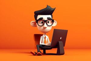 3D illustration of a cartoon character with a laptop on orange background generative ai photo