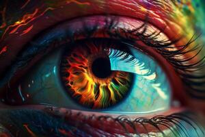 Close-up of beautiful woman's eye with bright make up. photo