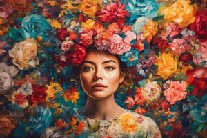 retrato de un hermosa joven mujer en un vistoso floral antecedentes. generativo ai foto