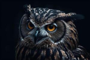 Portrait of a beautiful owl on a dark background. Toned. photo