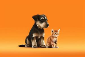 Puppy and kitten together on orange background. Animal protection concept generative ai photo