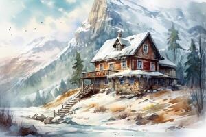 Watercolor painting of wooden house on the shore of lake. Winter landscape. photo