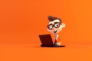3d ilustración de un dibujos animados personaje con un ordenador portátil en naranja antecedentes generativo ai foto