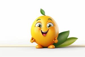 3d render of mango character with green leaves isolated on white background photo