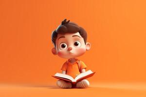 3D Render of a Little Boy Reading a Book in isolated background photo