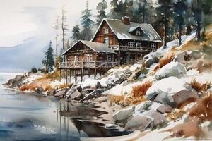 Watercolor painting of wooden house on the shore of lake. Winter landscape. photo