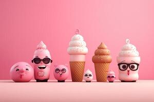 Ice cream groups in waffle cones. characters 3d illustration. photo