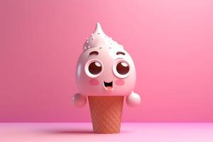 Funny pink ice cream character on pink background. 3D Rendering photo