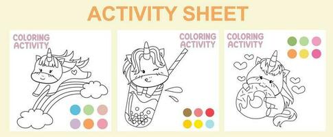 Activity sheet for children. 3 in 1 Educational printable worksheet. Coloring activity for kids. Coloring page with unicorn theme. Vector illustrations.