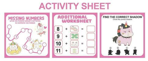 Activity sheet for children. 3 in 1 Educational printable worksheet. Missing numbers, counting worksheet and matching shadow worksheet. Vector illustrations.